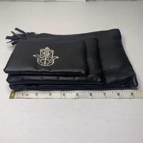 3pc Black Moroccan Leather Hamsa Pouches
