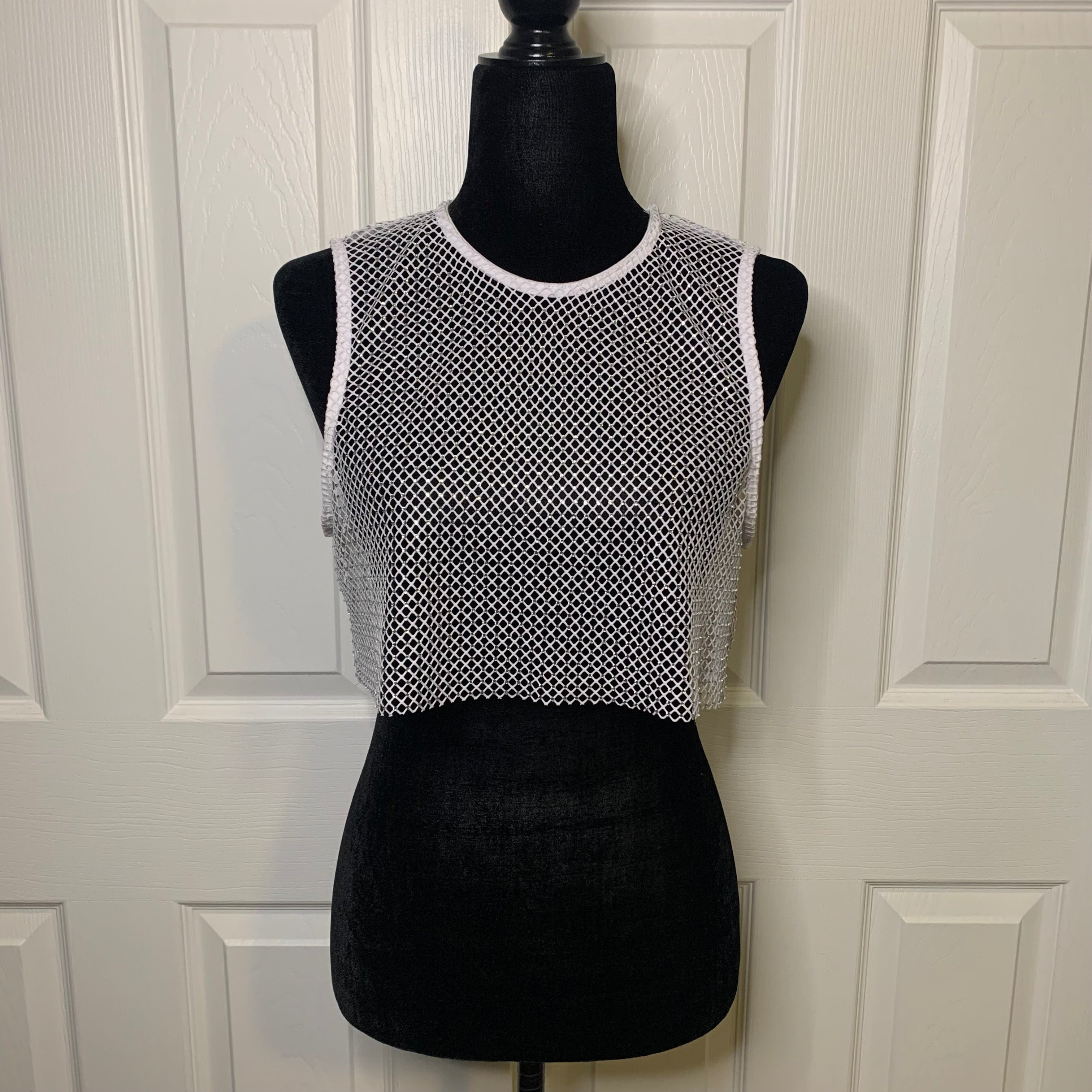 Refuge White Rhinestone Fish Net Tank Top (S)