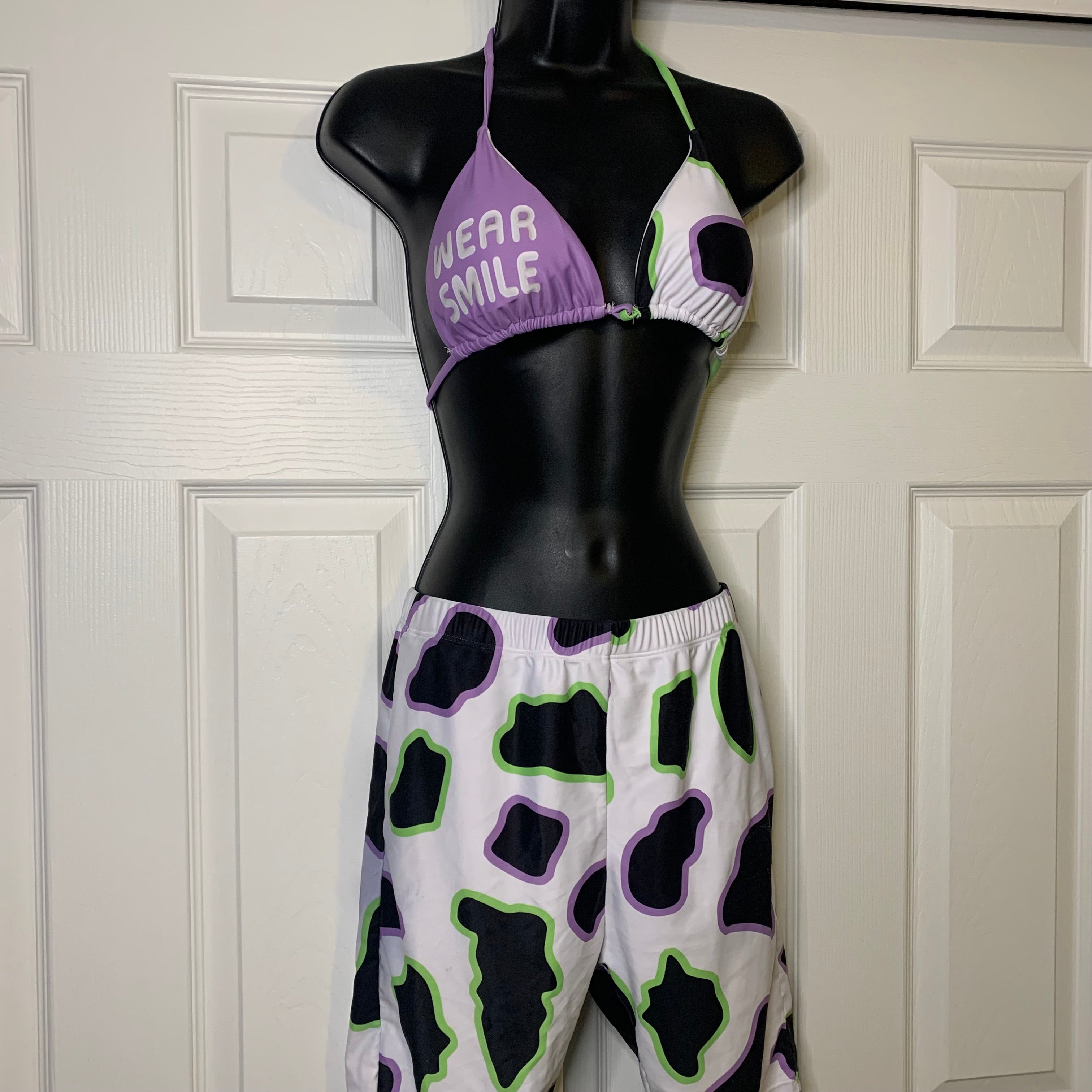 Lavender Wear Smile Cow Bikini Top & Shorts Set (S)