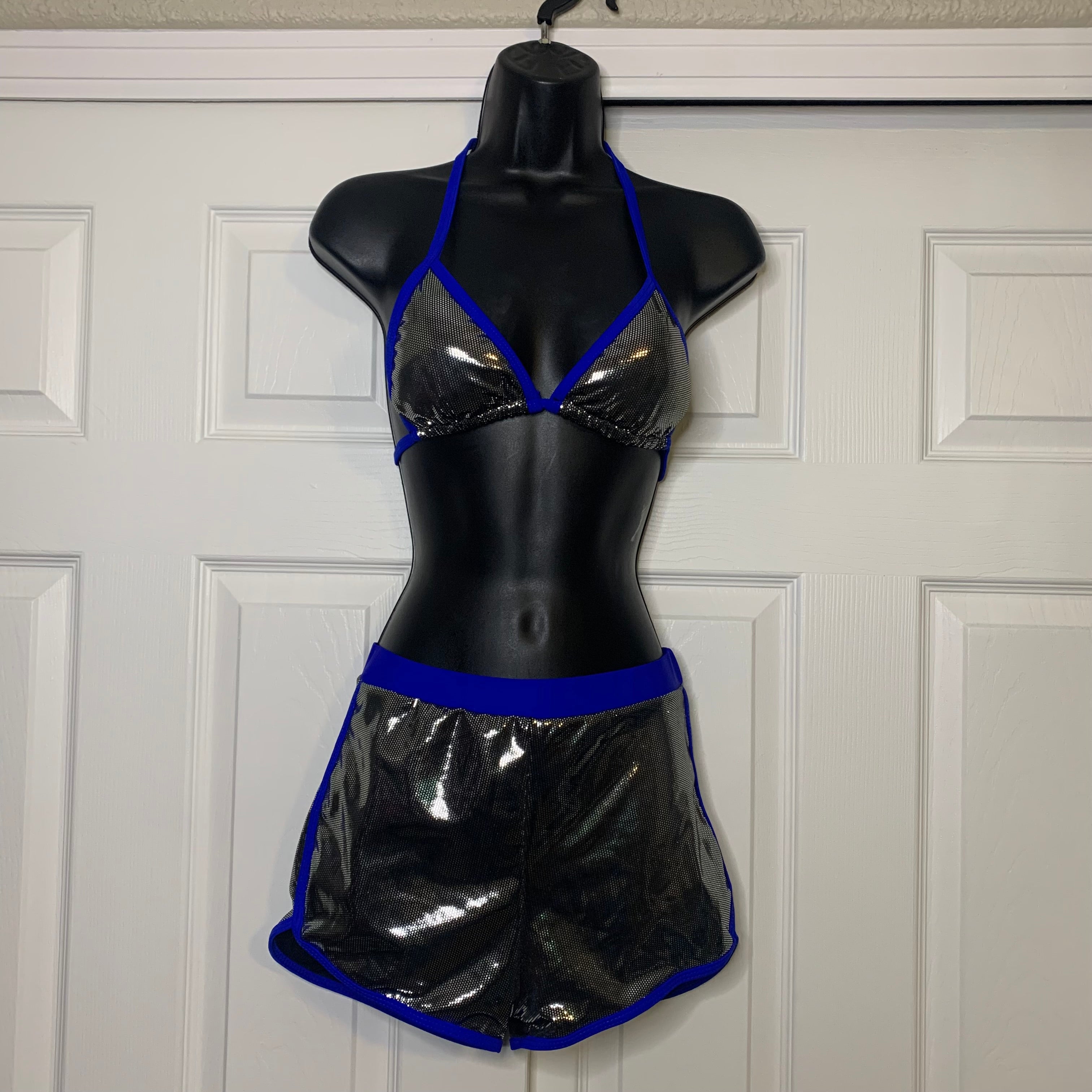Blue Metallic Disco Bikini Top & Shorts Set (S)