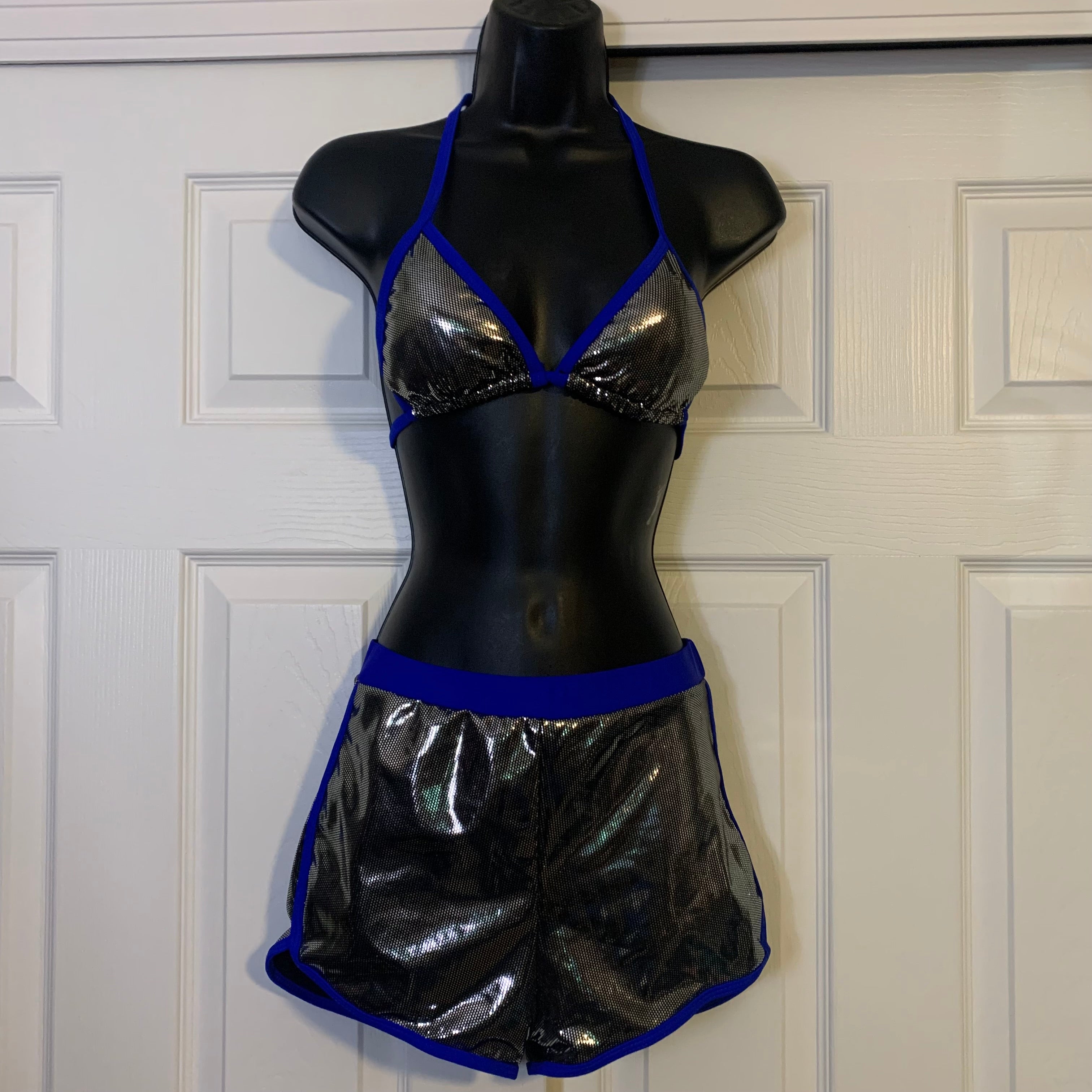 Blue Metallic Disco Bikini Top & Shorts Set (S)